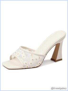 Women's Block Heels Floral Open Square Toe Mesh Slide Sandals